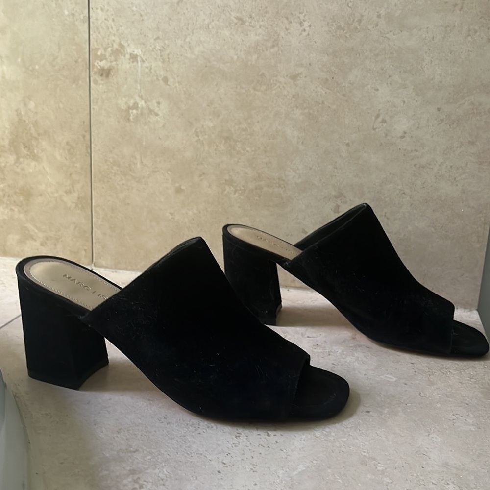 Black suede slip on heels. Marc Fisher, size 8M.